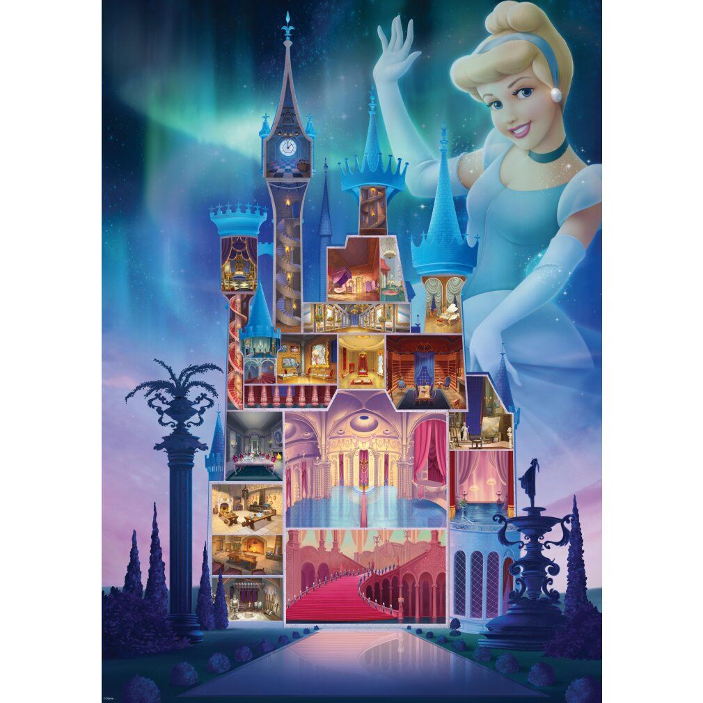 Puzzle Castello Disney: Cenerentola, 1000 pezzi. Immagine di Cenerentola e castello. Logo Ravensburger.
