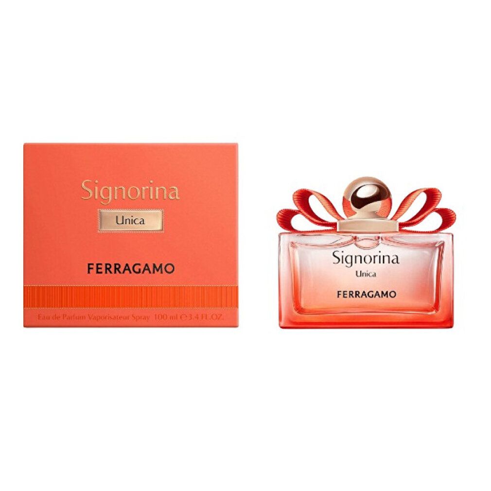 Set Salvatore Ferragamo Signorina Unica Eau de Parfum 100ml con flacone e scatola arancione.