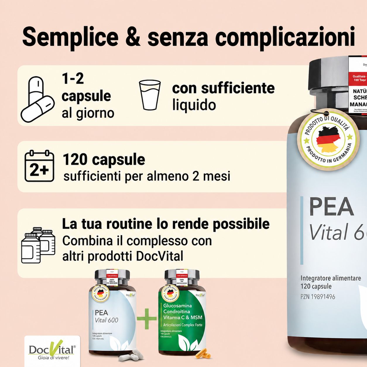 Flacone di capsule DocVital PEA Vital 600, 120 pezzi. Informazioni sull'assunzione e sul dosaggio.
