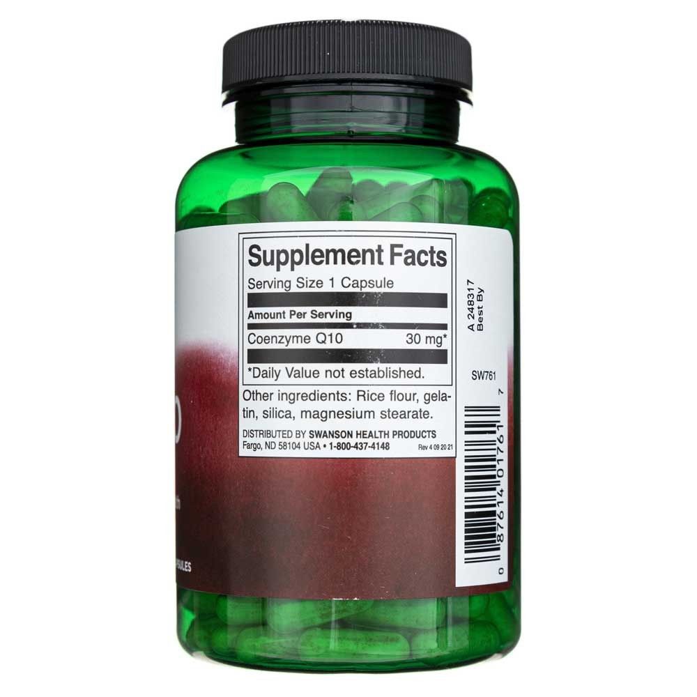 Retro di un flacone verde di Swanson CoQ10, informazioni nutrizionali, 240 capsule.