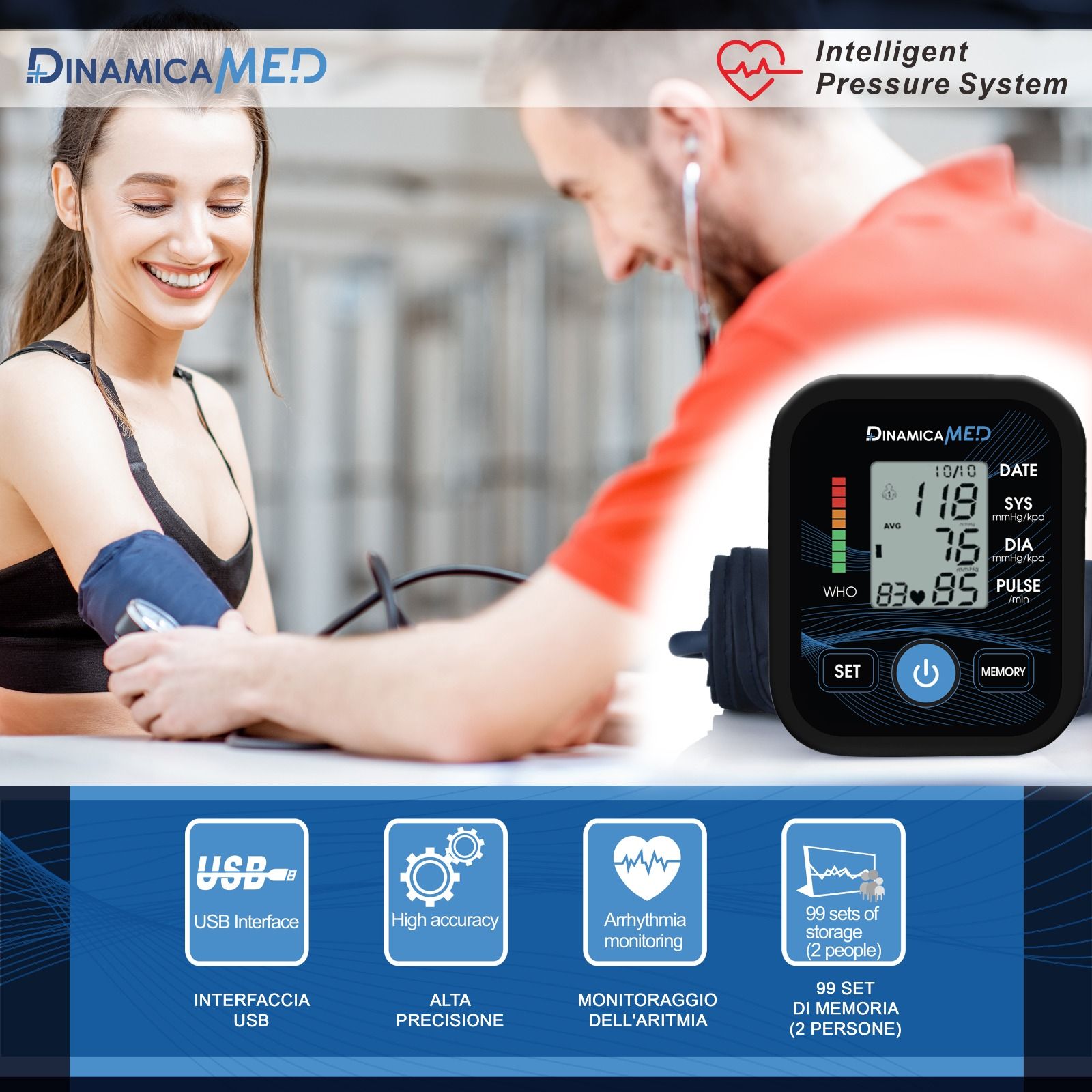 Dinamicamed A-139 Misuratore pressione da braccio, alta precisione, 2*99 memorie