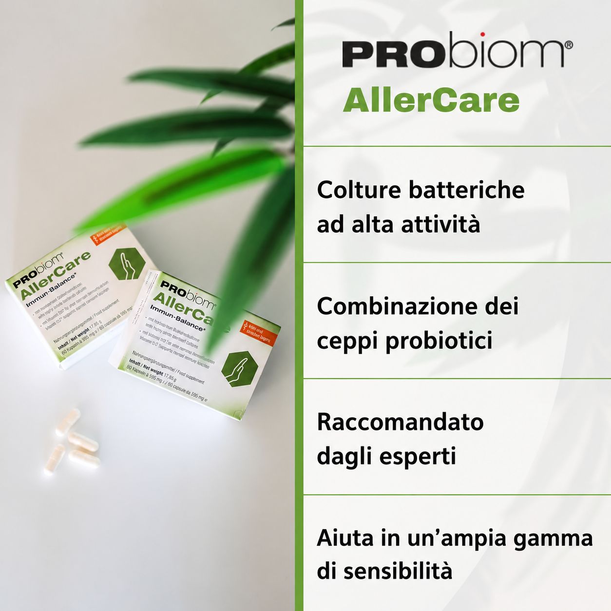 Due scatole di Probiom AllerCare. Testo: Colture batteriche ad alta attività, combinazione di ceppi probiotici, raccomandato dagli esperti.