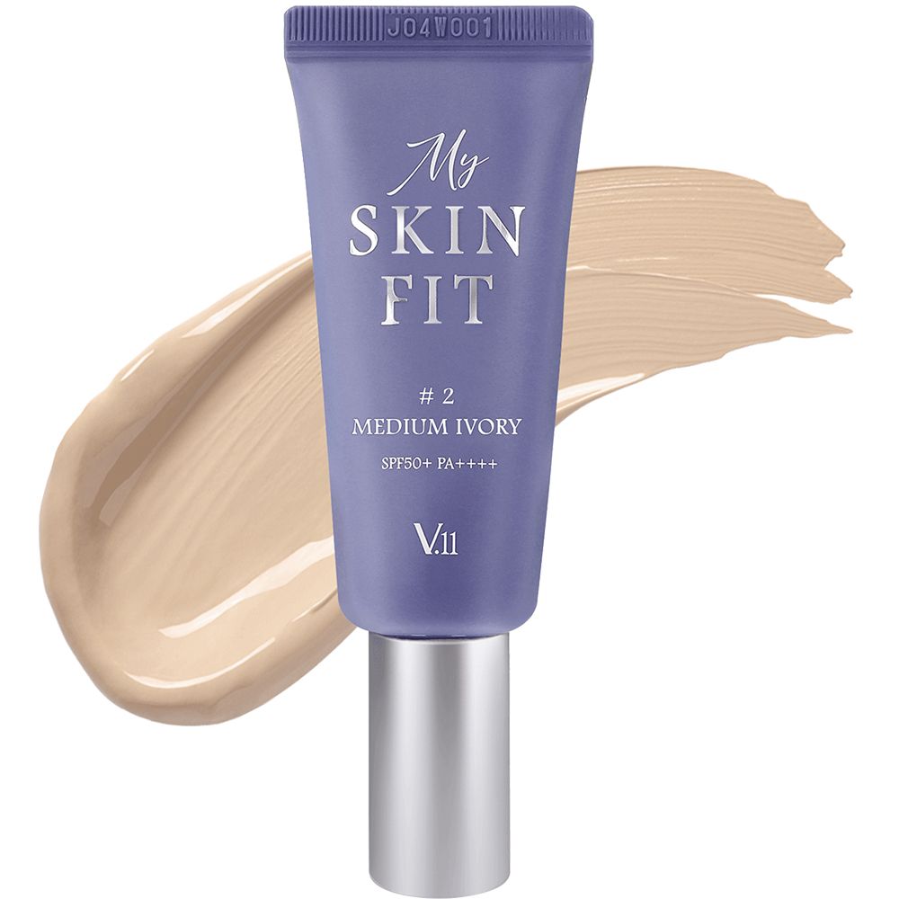 Tubo viola con BB Cream. Scritta: My Skin Fit, #2 Medium Ivory, SPF50+ PA++++. Accanto, una macchia di colore.