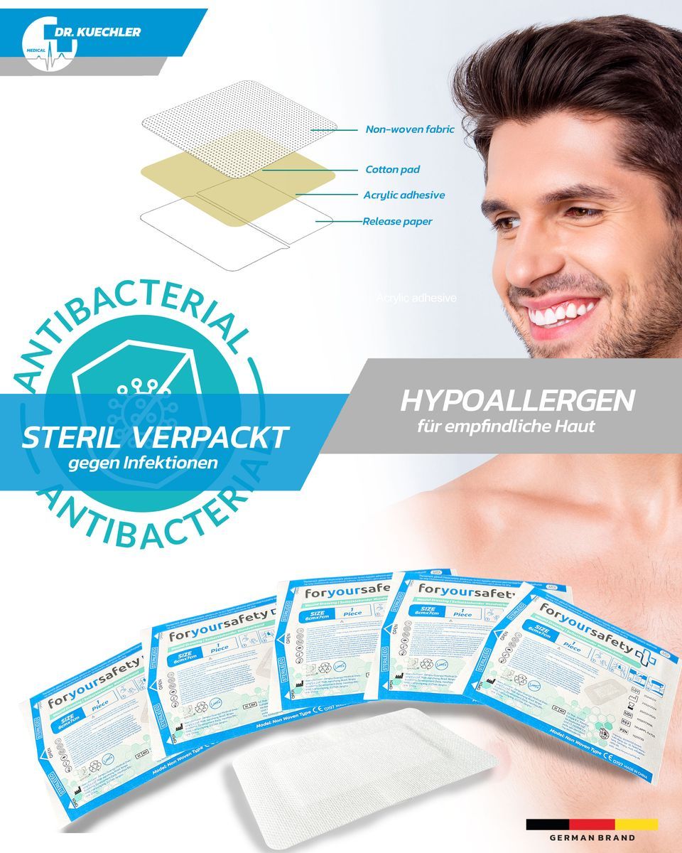 Strati di un cerotto. Antibatterico, confezionato sterile. Per pelli sensibili. Cerotti singoli.