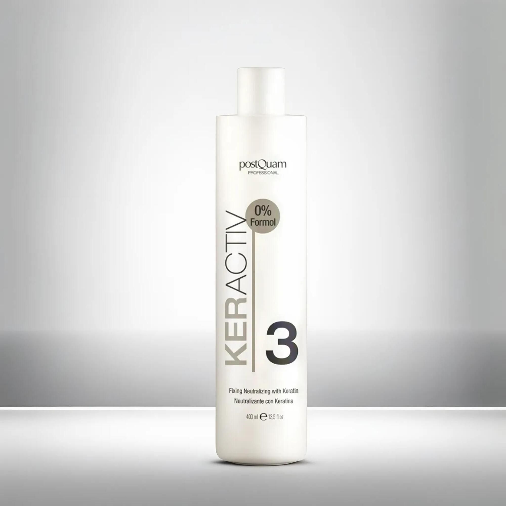 Flacone bianco con logo "Postquam Professional" e scritta "Keractiv 3". Contiene 400 ml. Testo: "Fixing Neutralizing with Keratin".