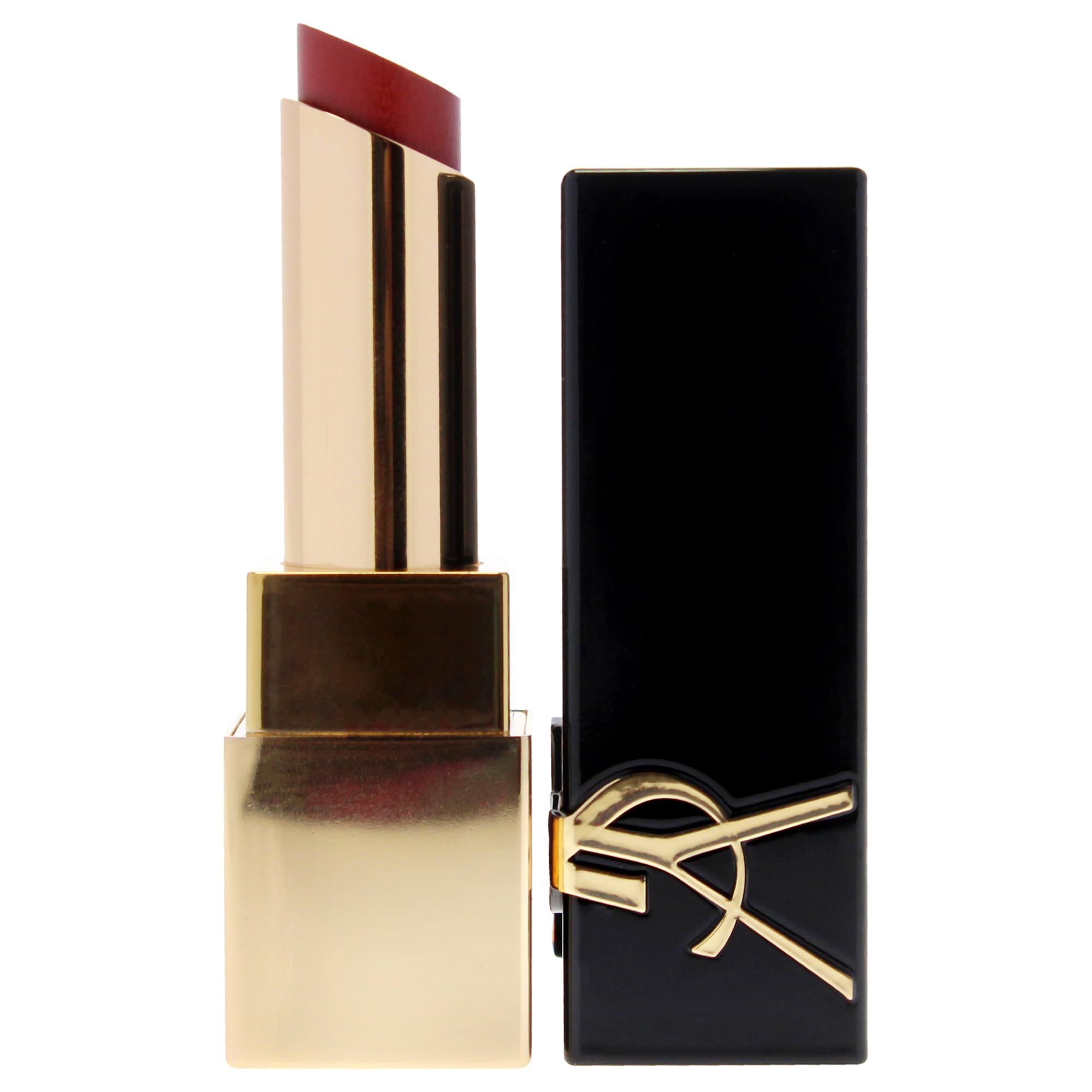 Rossetto rosso in astuccio nero e oro. Astuccio con logo YSL dorato. Aperto, stick visibile.