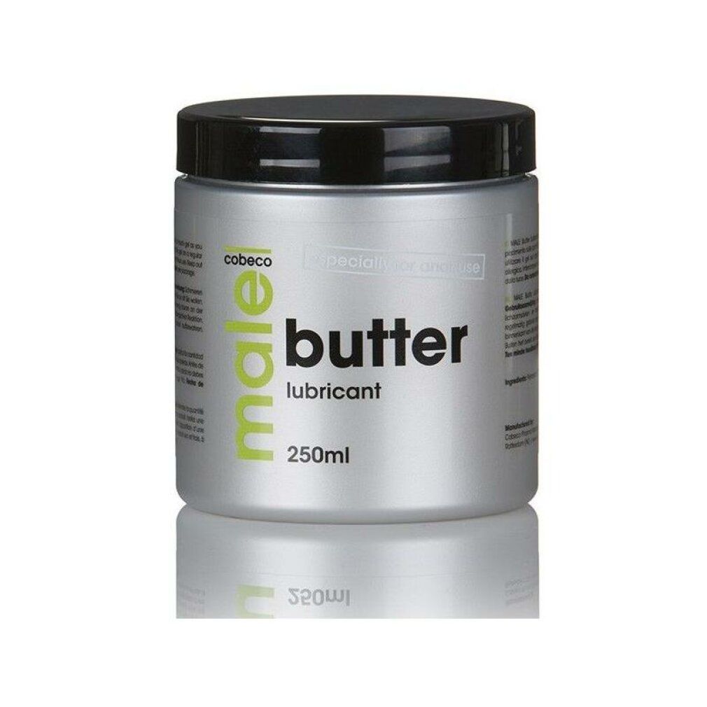 Barattolo cilindrico con coperchio nero. Scritta: "male butter lubricant". Marchio: cobeco. Colore: argento.
