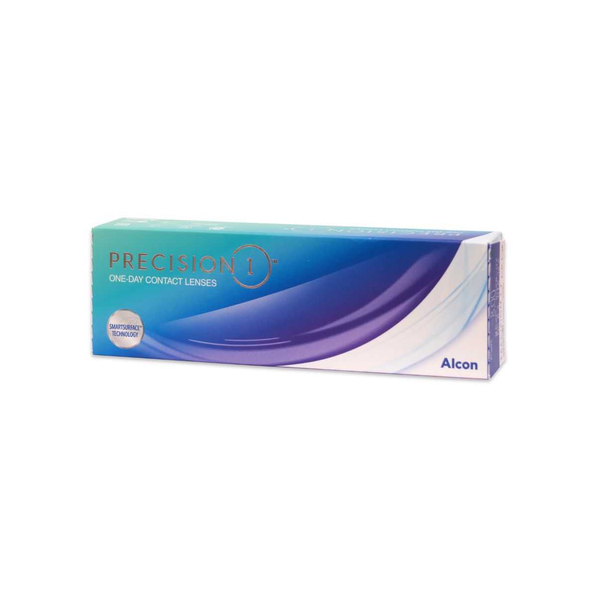Confezione di lenti a contatto Precision 1. Scatola blu e verde con nome del prodotto e logo Alcon.
