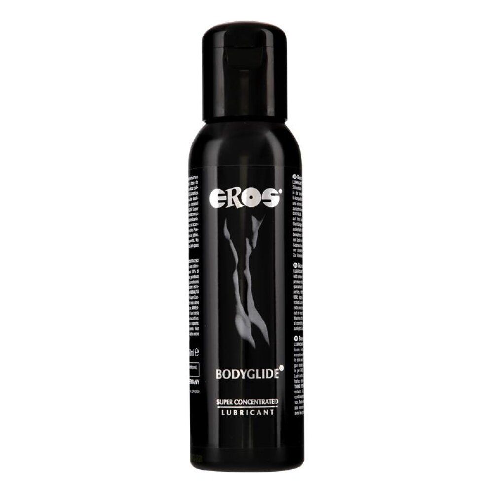 Flacone nero con scritta EROS BODYGLIDE Super Concentrated Lubricant e figura corporea stilizzata.