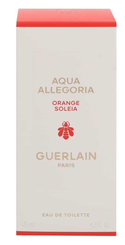 Confezione rettangolare bianca con coperchio rosso. Scritta Aqua Allegoria, Orange Soleia, Guerlain.