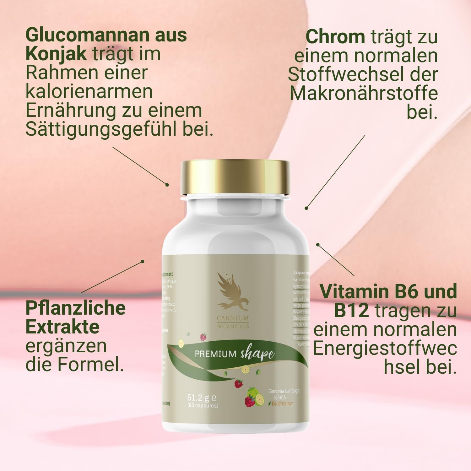 Flacone bianco con tappo dorato. Scritta "Premium Shape". Testo con ingredienti ed effetti. Sfondo: pelle.