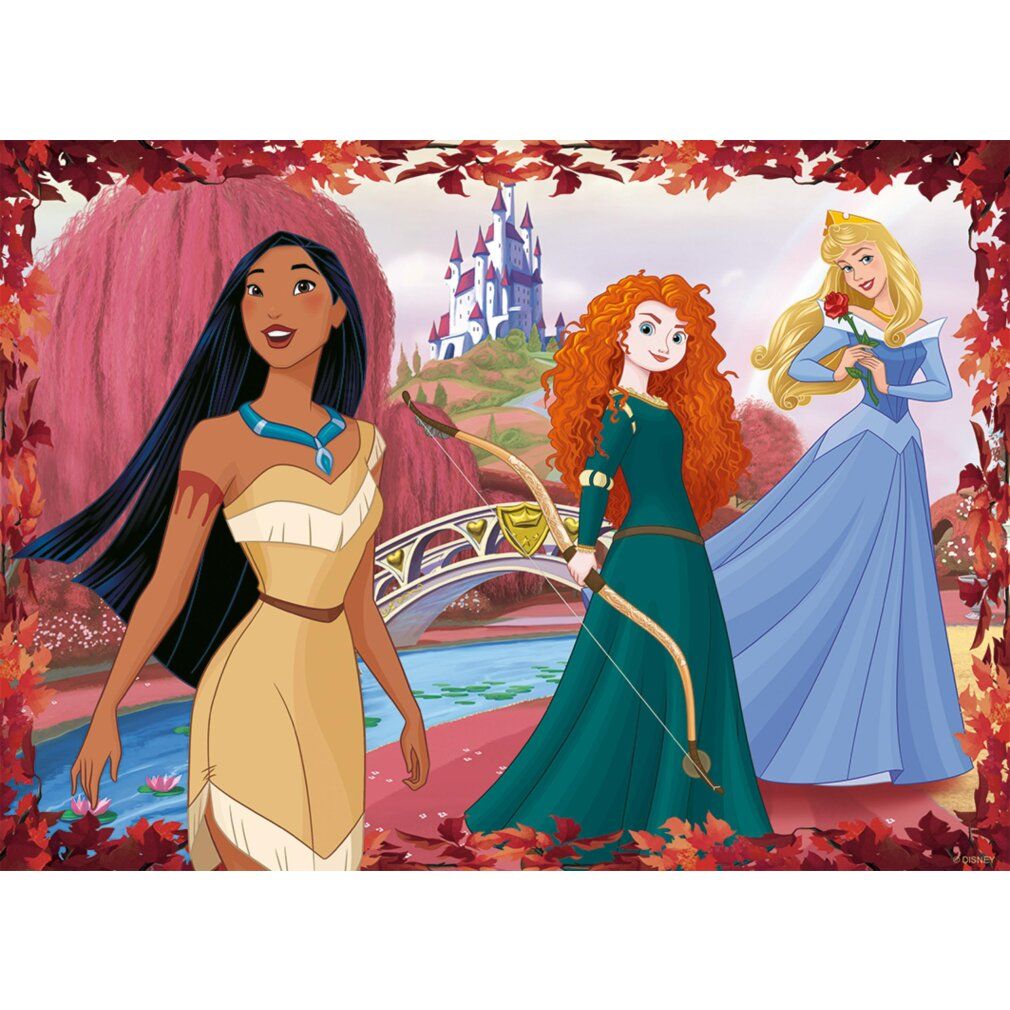 Puzzle con Pocahontas, Merida e Aurora. Pocahontas con piuma, Merida con arco, Aurora con rosa. Scena autunnale.