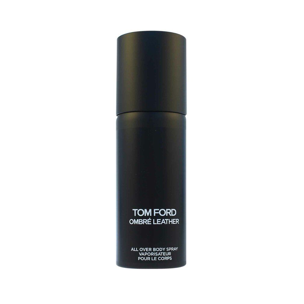Flacone spray nero con testo: TOM FORD OMBRÉ LEATHER. ALL OVER BODY SPRAY. VAPORISATEUR POUR LE CORPS.