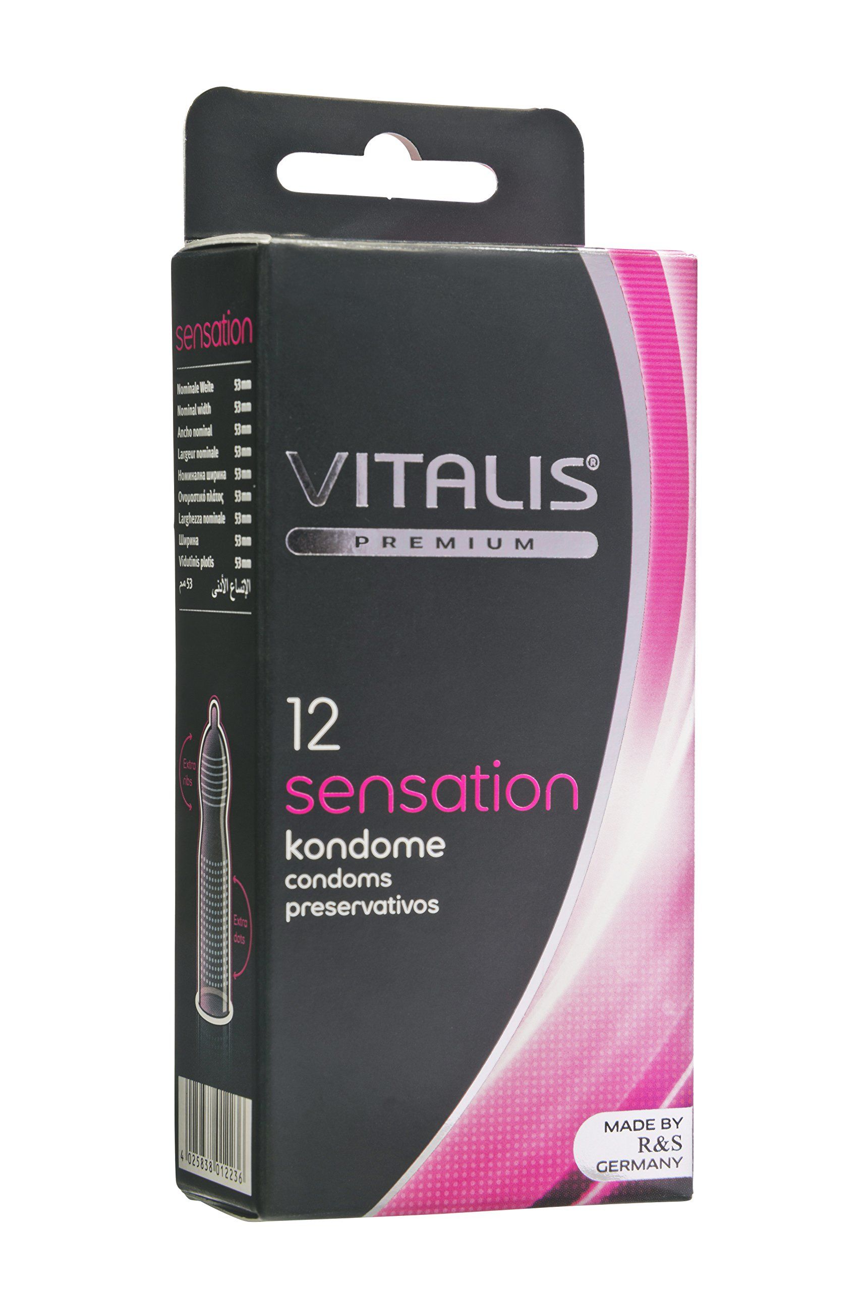 Confezione da 12 preservativi Vitalis PREMIUM Sensation. Scatola nera con accenti rosa, illustrazione e vista dettagliata laterale.