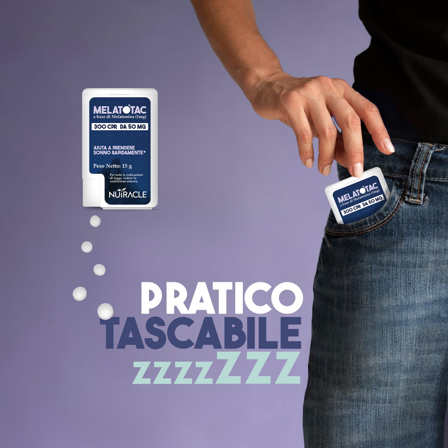 Confezione MELATOTAC, 300 CPR DA 50 MG in tasca. Compresse accanto. Testo: Pratico, tascabile.