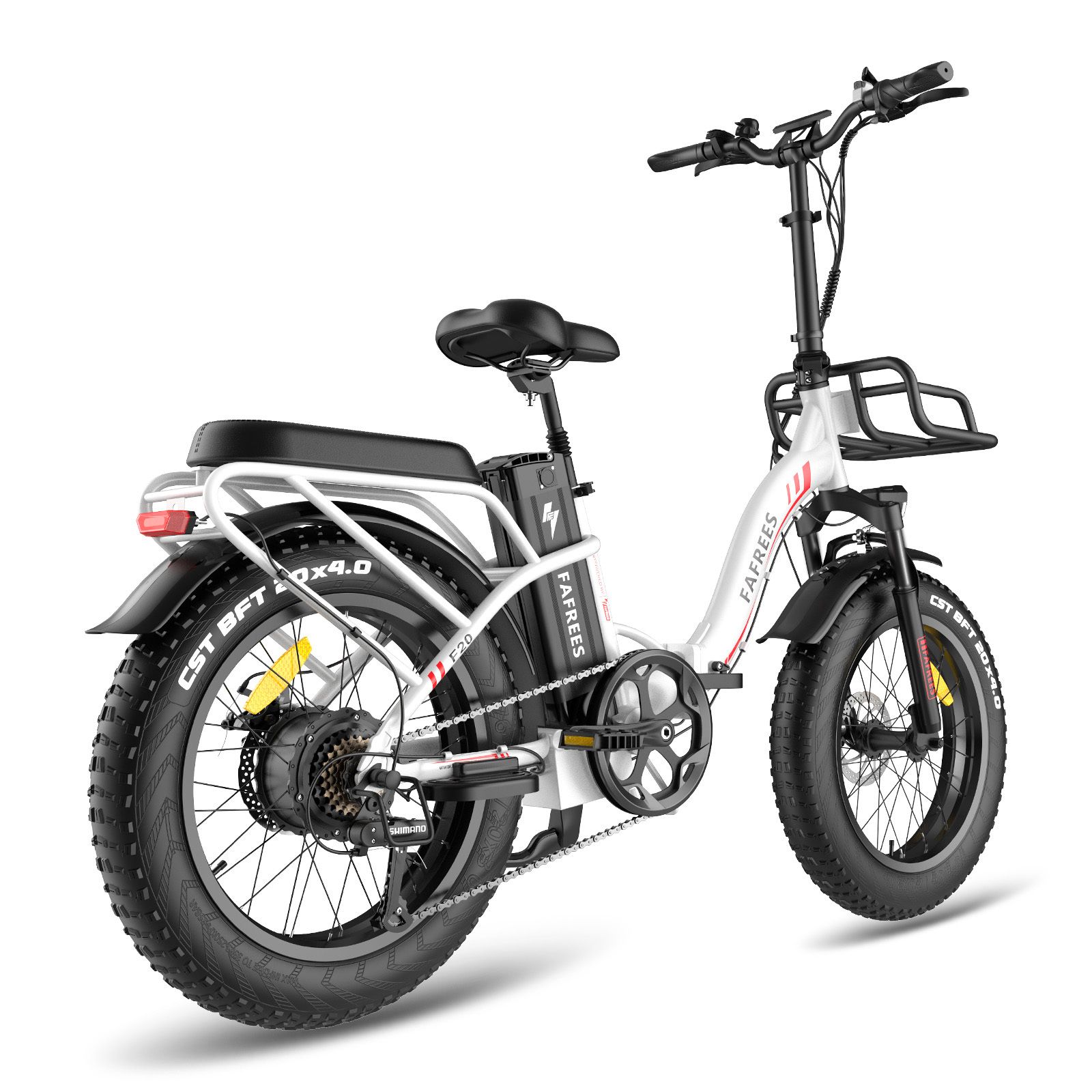 Bicicletta elettrica Fafrees F20 Max bianca. Pneumatici neri, portapacchi, cestino anteriore. Batteria e marchio visibili.