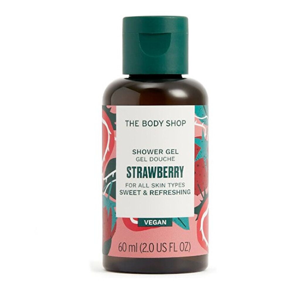 Flacone di gel doccia Strawberry, design fragola. Scritta: Vegan. Marchio: The Body Shop. Tappo verde. Flacone marrone.