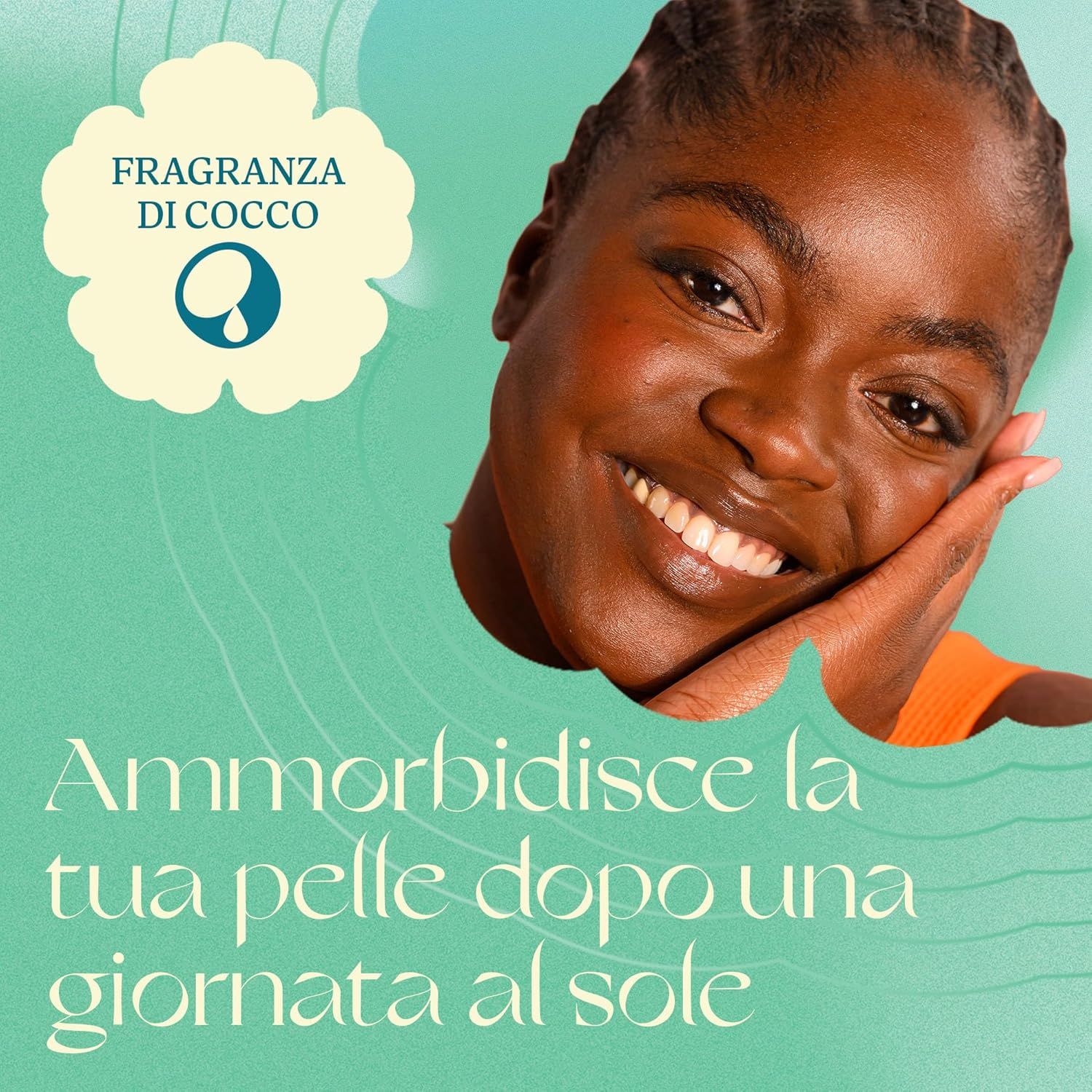 Donna sorridente. Testo: Ammorbidisce la tua pelle dopo una giornata al sole. Fumetto: Fragranza di cocco.