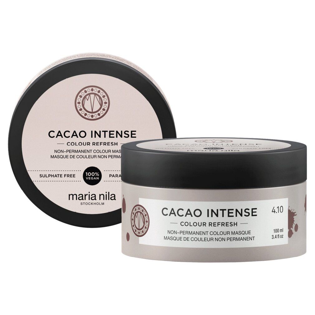 Due vasi. Uno con coperchio, uno senza. Scritta: Cacao Intense, Colour Refresh, 4.10. Maschera colore non permanente. Marchio: Maria Nila.