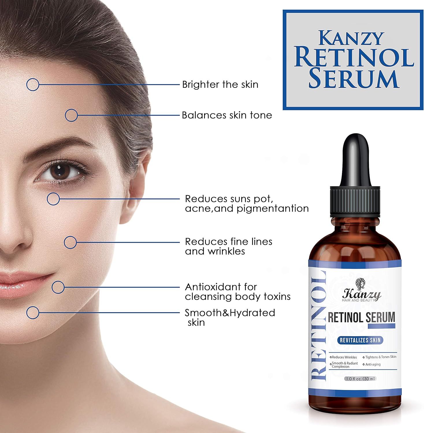 Donna con flacone di siero al retinolo. Scritta: KANZY Retinol Serum. Segni sul viso. Scritta: Riduce le rughe, uniforma il tono della pelle.