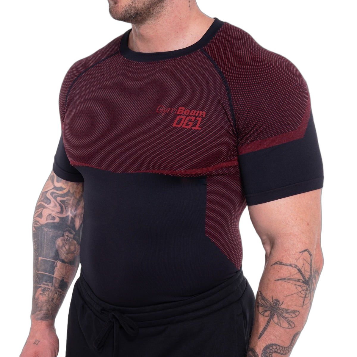 GymBeam Maglietta uomo senza cuciture nera e rossa
