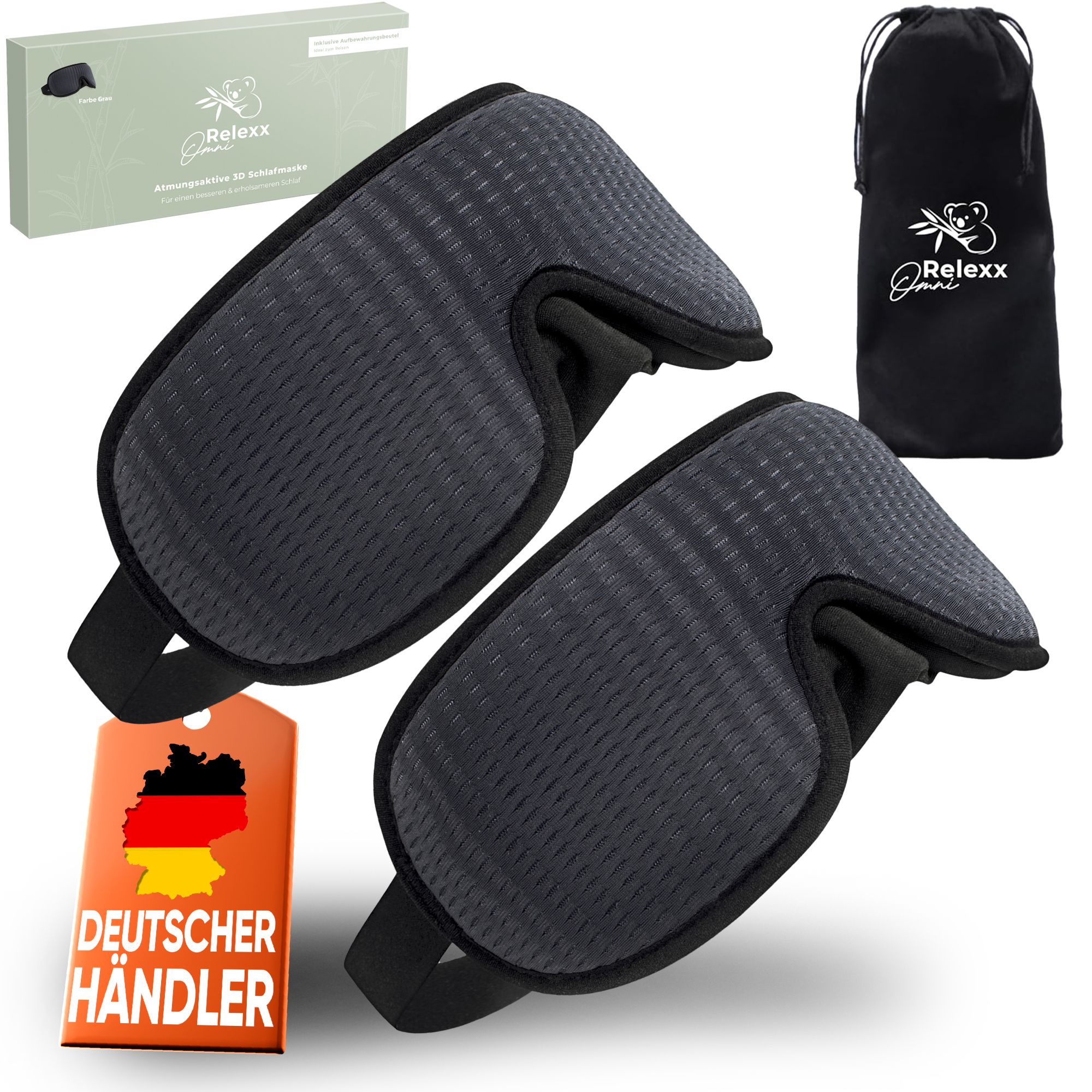 Due maschere per dormire grigie, una sacca da viaggio e una confezione. OMNIRELEXX® è scritto sulla confezione.