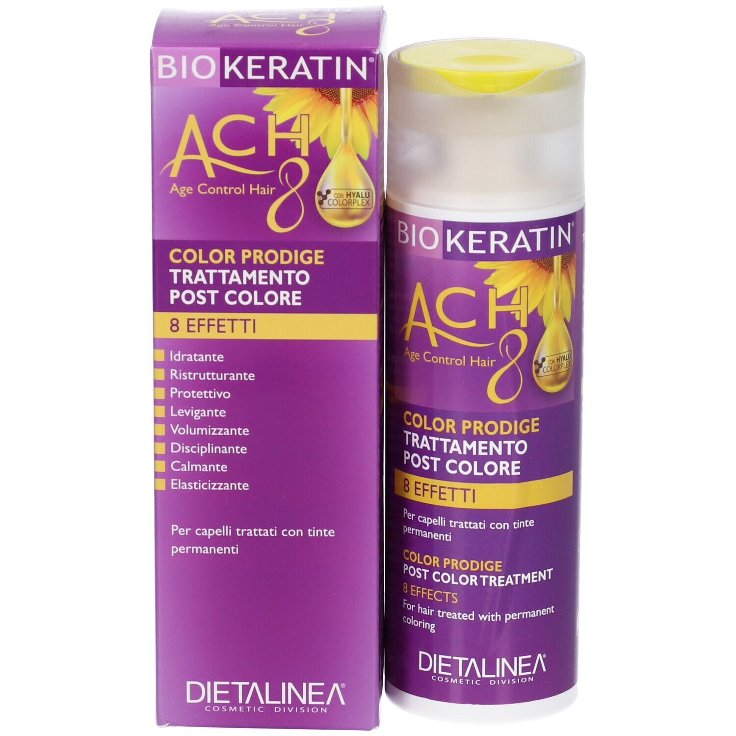 Confezione e flacone. Scritta: Biokeratin Ach8 Trattamento Capelli Post Colore. Confezione viola con dettagli gialli.
