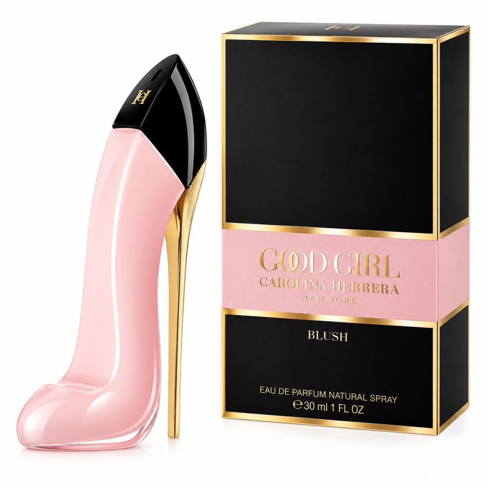 Flacone di profumo rosa a forma di décolleté con tacco dorato, accanto a una confezione nera e rosa.
