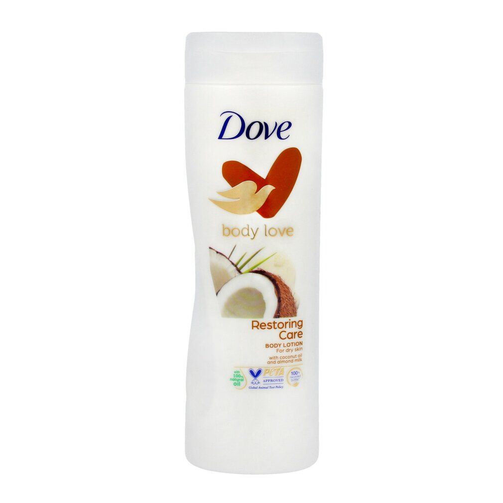Flacone Dove bianco con logo a cuore e illustrazione di cocco. Testo: body love, Restoring Care. Per pelli secche. Con olio di cocco.