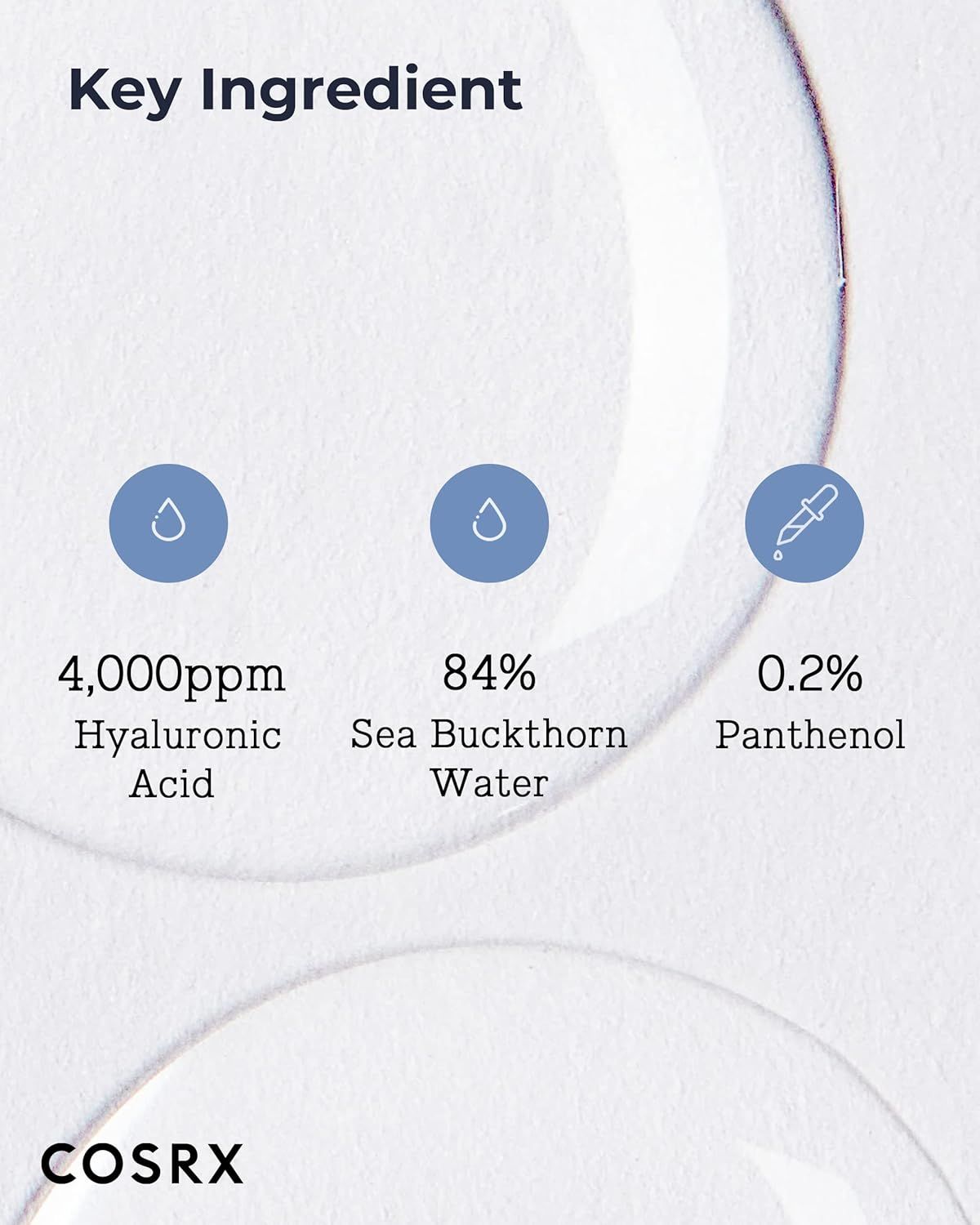 Testo: Key Ingredient. 4.000 ppm Acido Ialuronico, 84% Acqua di Olivello spinoso, 0,2% Pantenolo. Su sfondo chiaro.