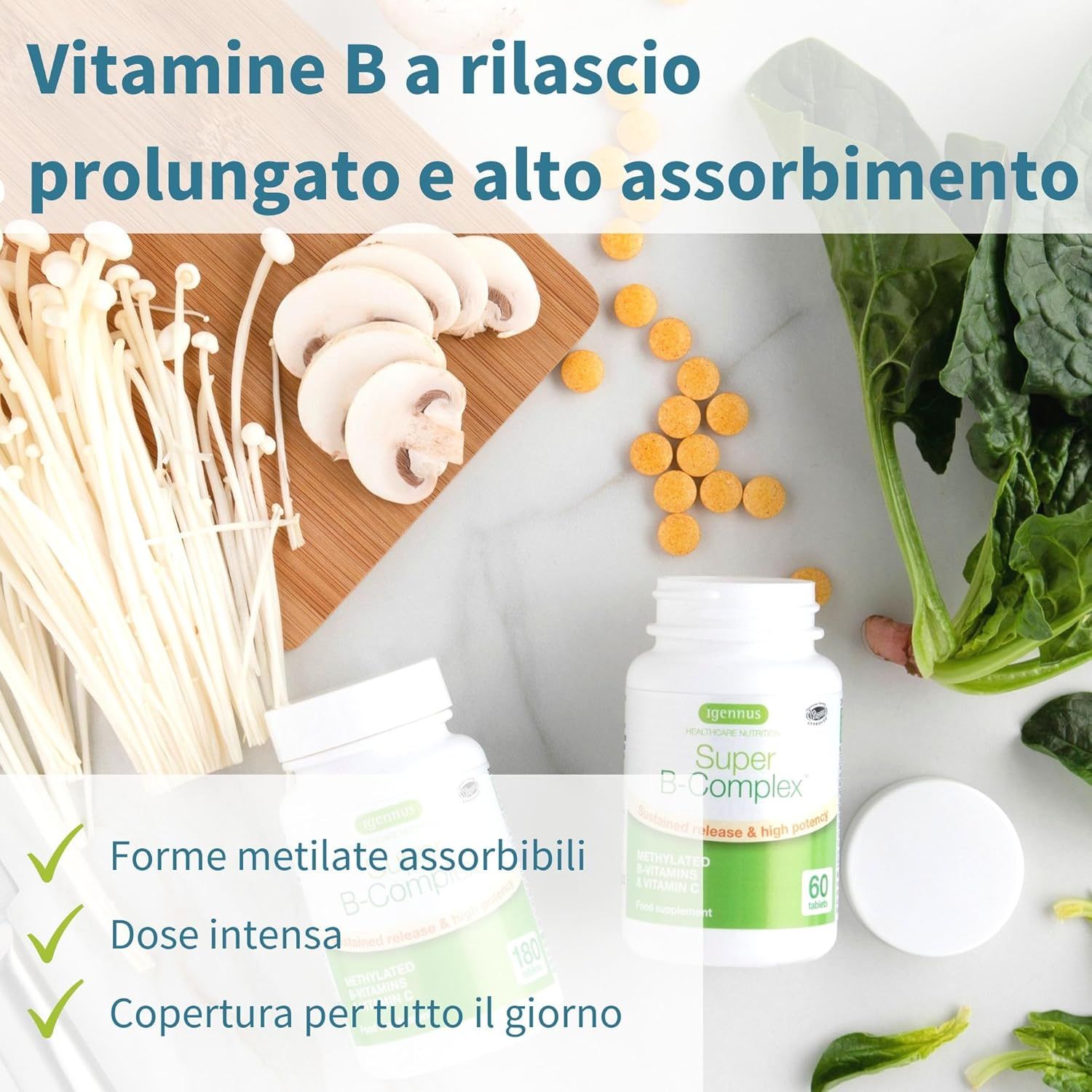 Due flaconi Super B-Komplex. Testo: Vitamine B a rilascio prolungato e alto assorbimento. Vantaggi: Forme metilate assorbibili, Dose intensa, Copertura per tutto il giorno.