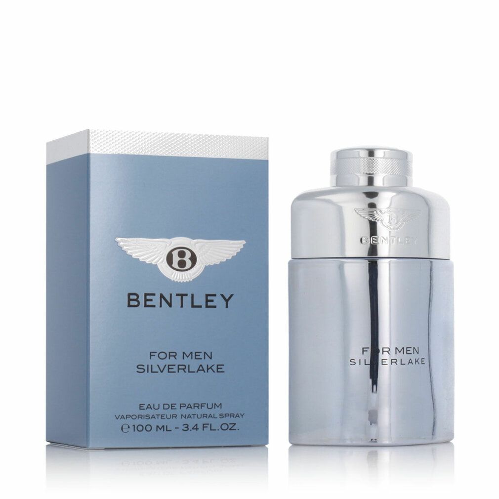 Bentley For Men Silverlake Eau de Parfum Spray. Flacone e confezione argento e blu. Logo e testo sulla confezione.