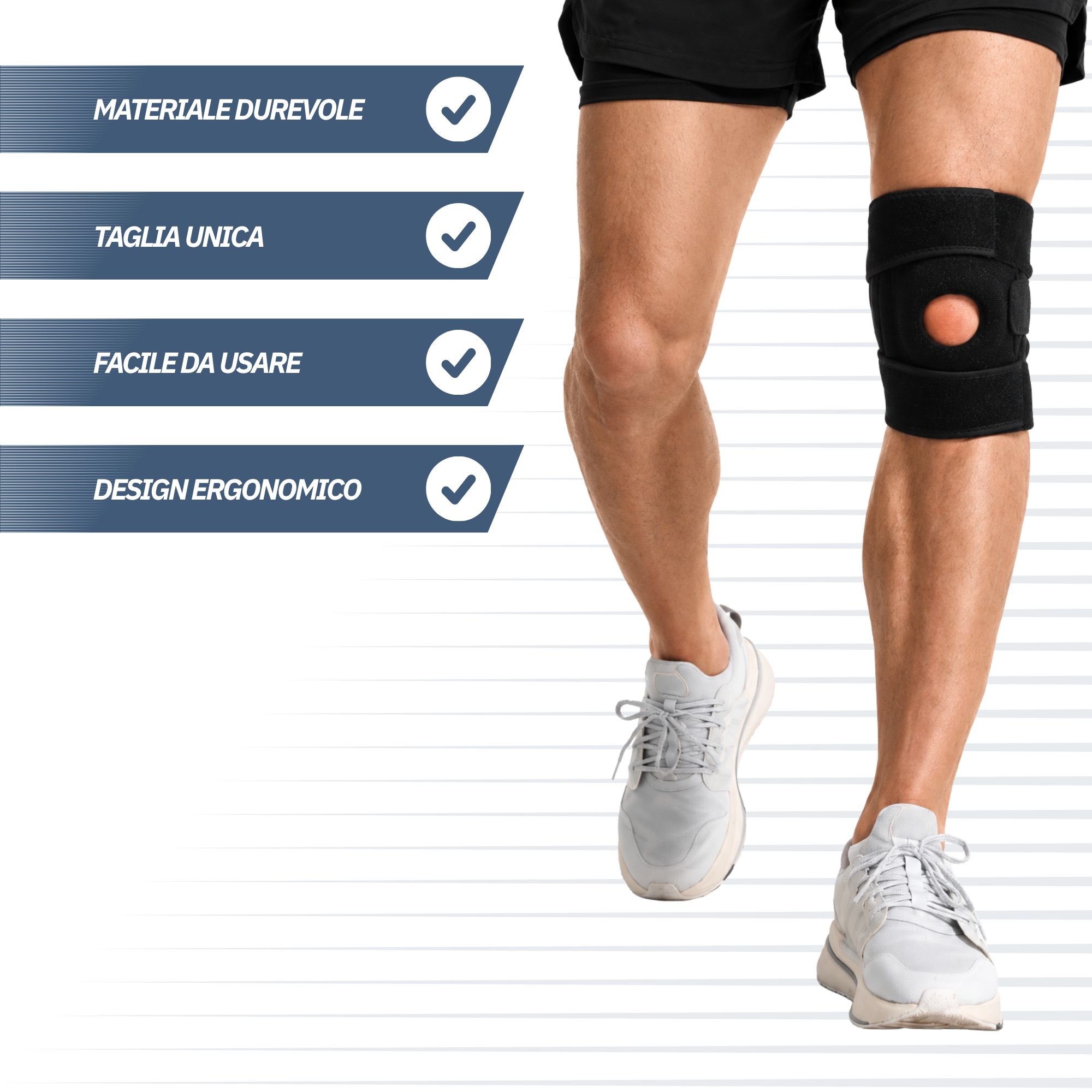 Ginocchiera nera con anello in silicone, quattro stecche, stabilità laterale e neoprene traspirante.