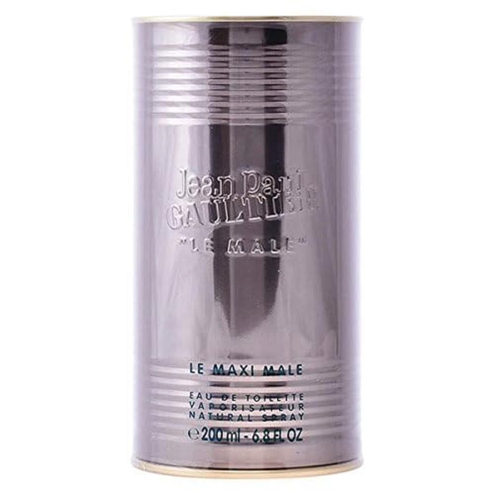 Scatola cilindrica argentata. Scritta: Jean Paul Gaultier, Le Maxi Male. Eau de Toilette. 200 ml.