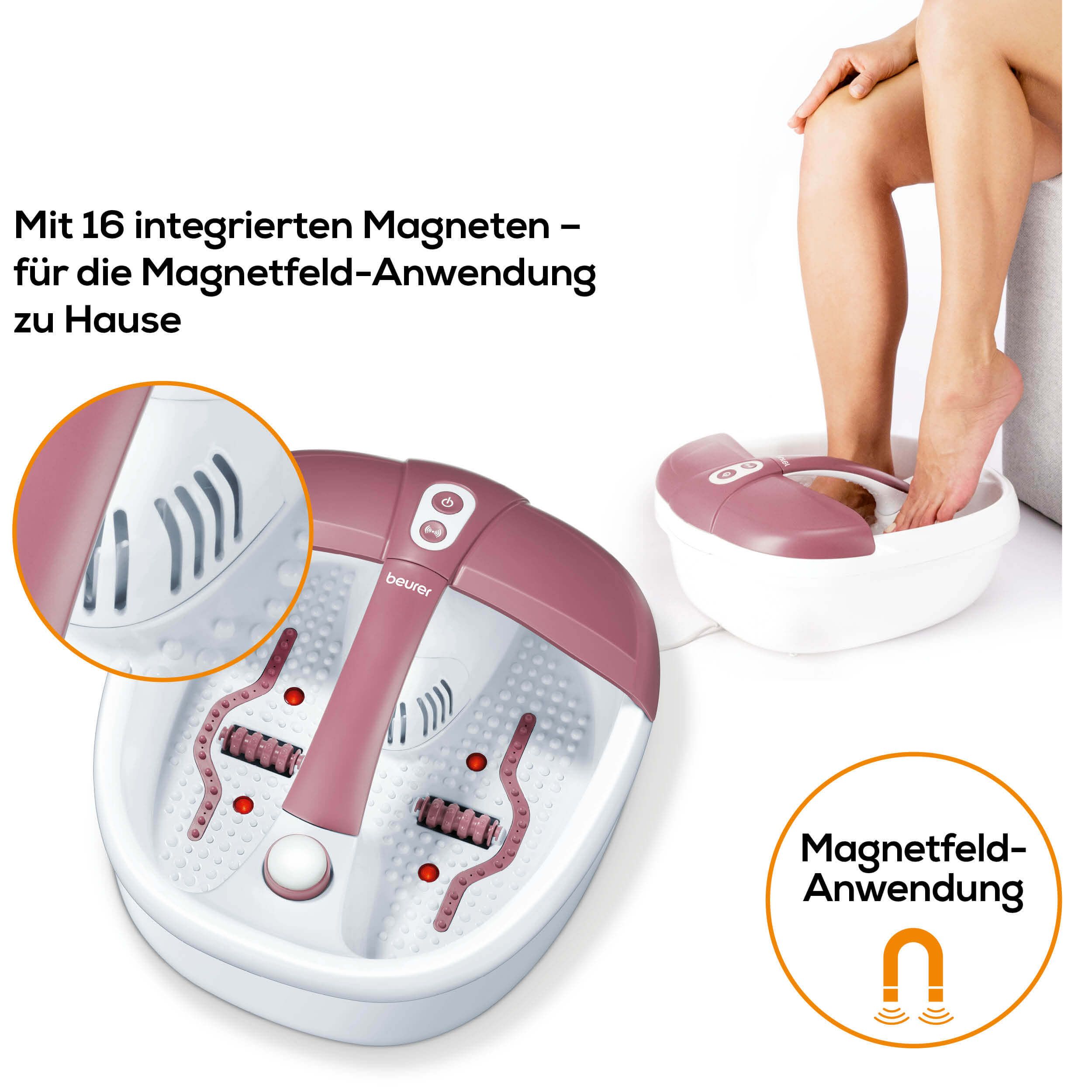 Idromassaggio per piedi bianco-rosa, con rulli. 16 magneti integrati. Applicazione del campo magnetico. Marca: beurer.