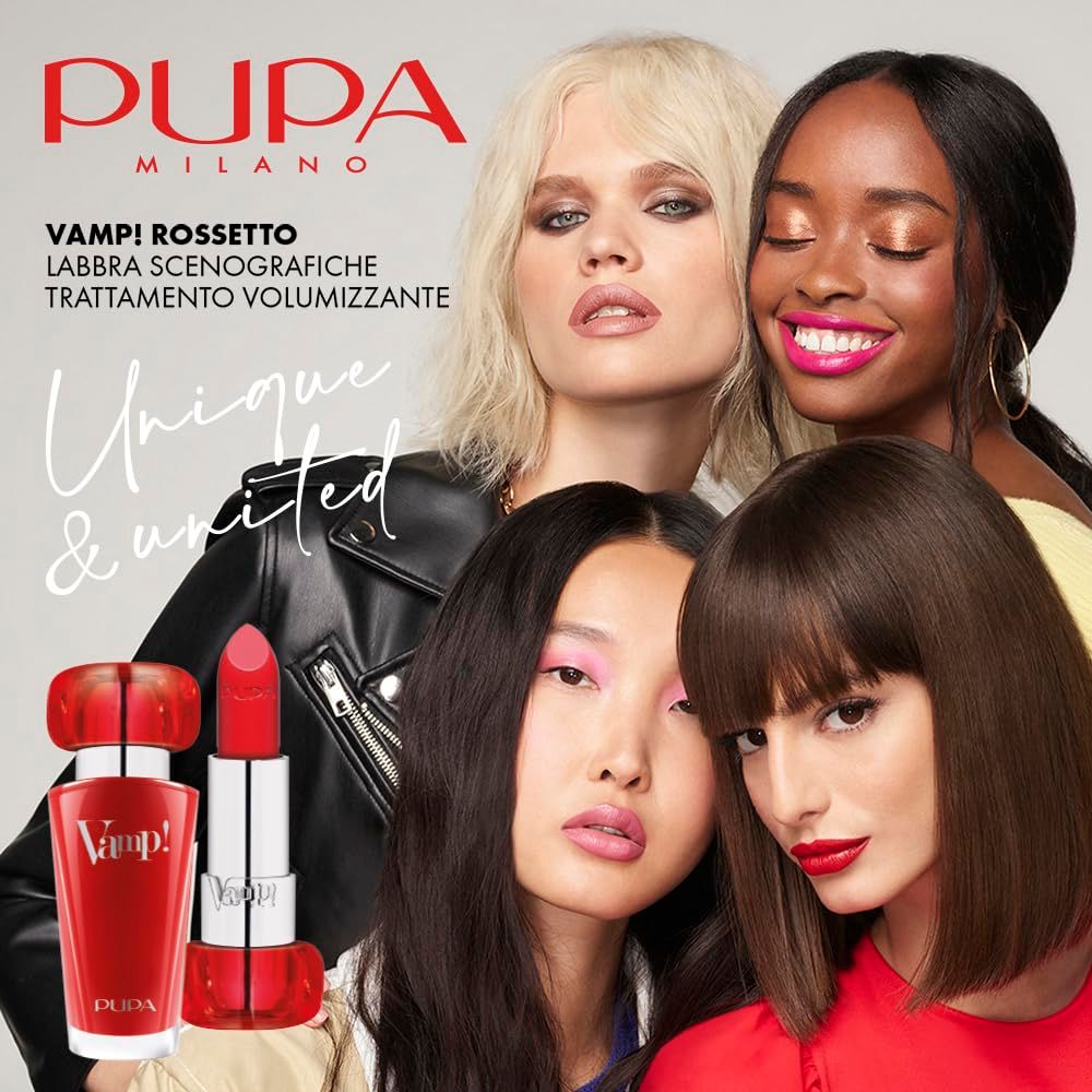 Diverse donne con rossetto. Pupa Milano, Vamp! Rossetto. Testo: Unique & united.