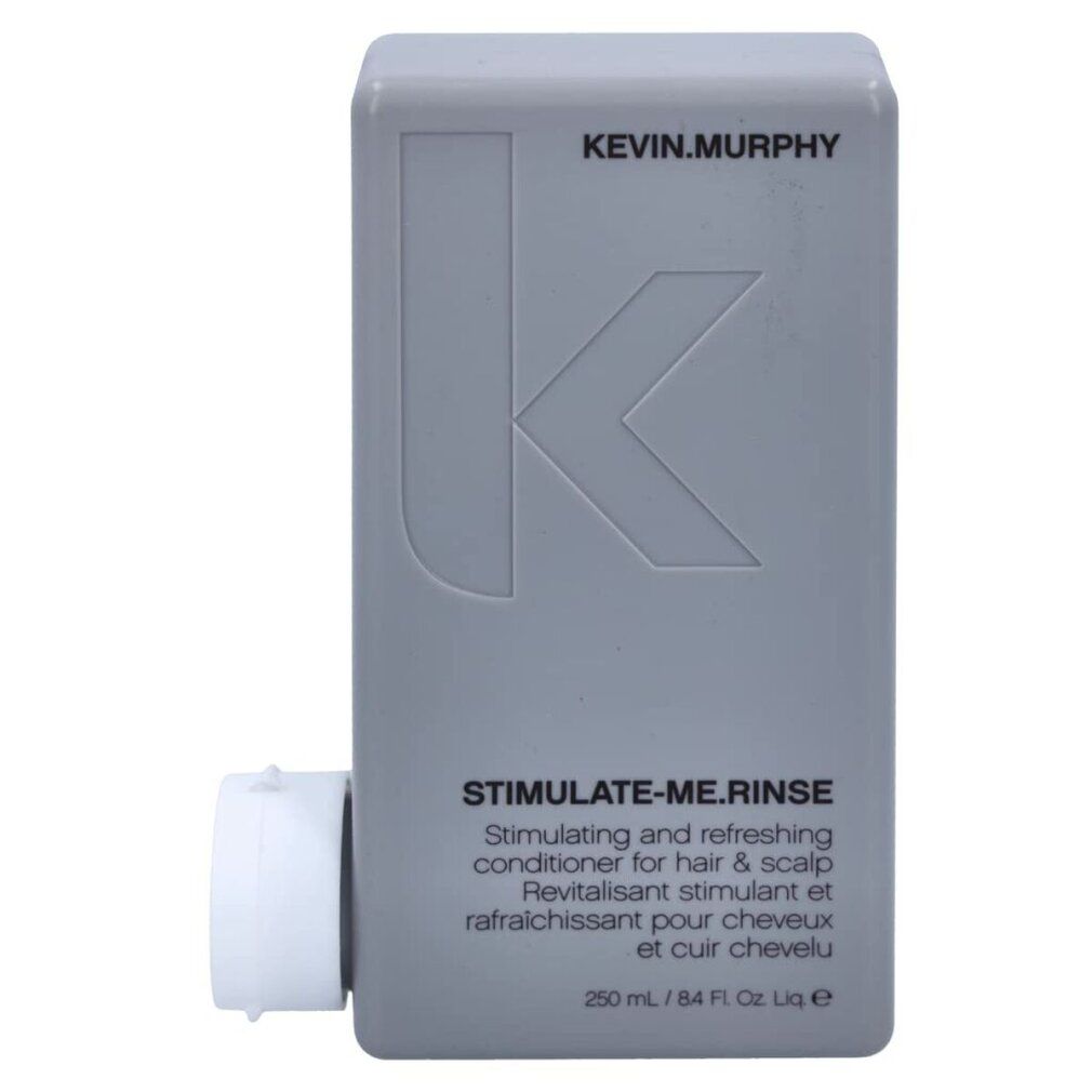 Flacone grigio con tappo bianco. Scritta: KEVIN.MURPHY, STIMULATE-ME.RINSE, balsamo per capelli e cuoio capelluto. 250ml.