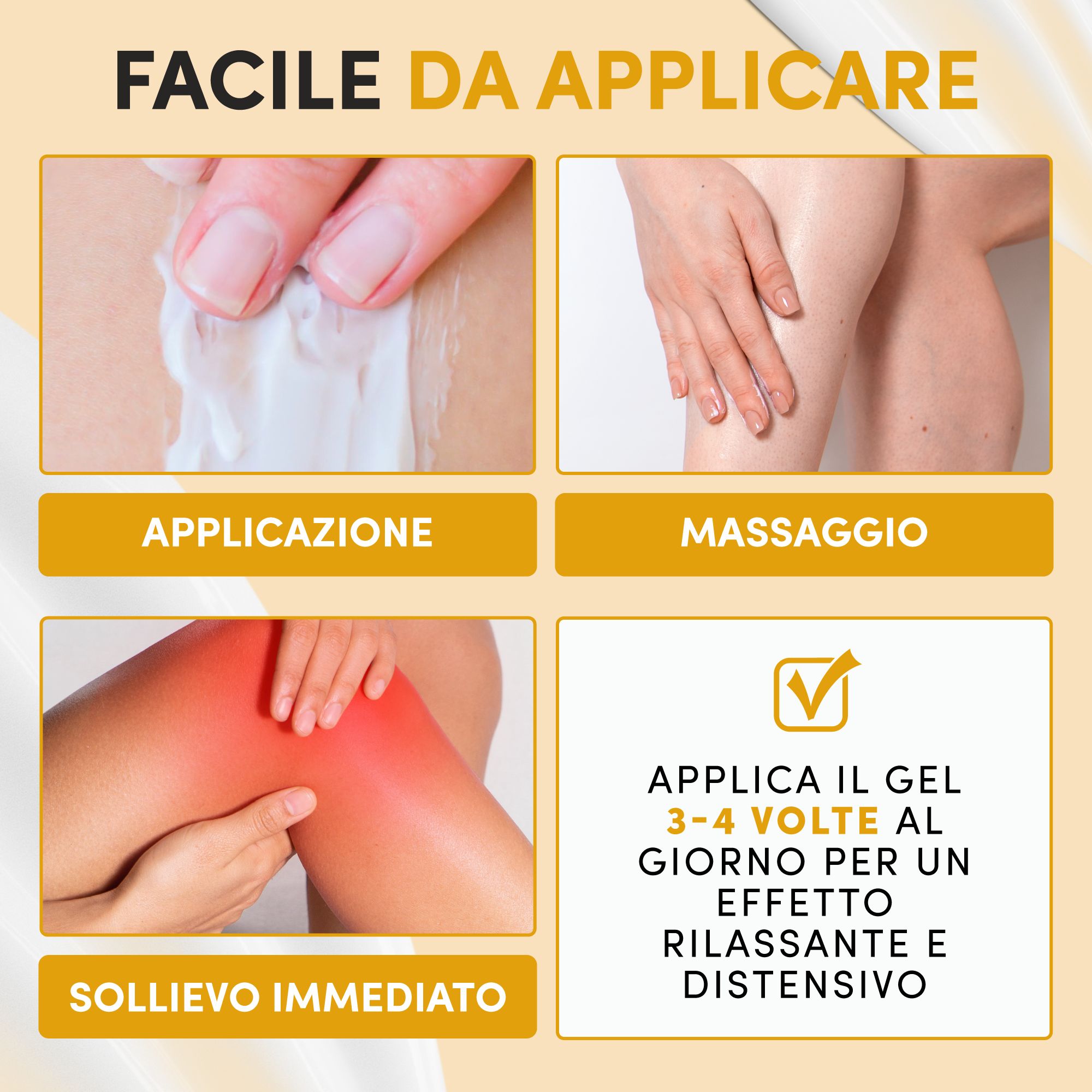 Applicazione del gel. Immagini: Applicazione, massaggio, sollievo immediato. Testo: Applicare il gel 3-4 volte al giorno per un effetto rilassante.