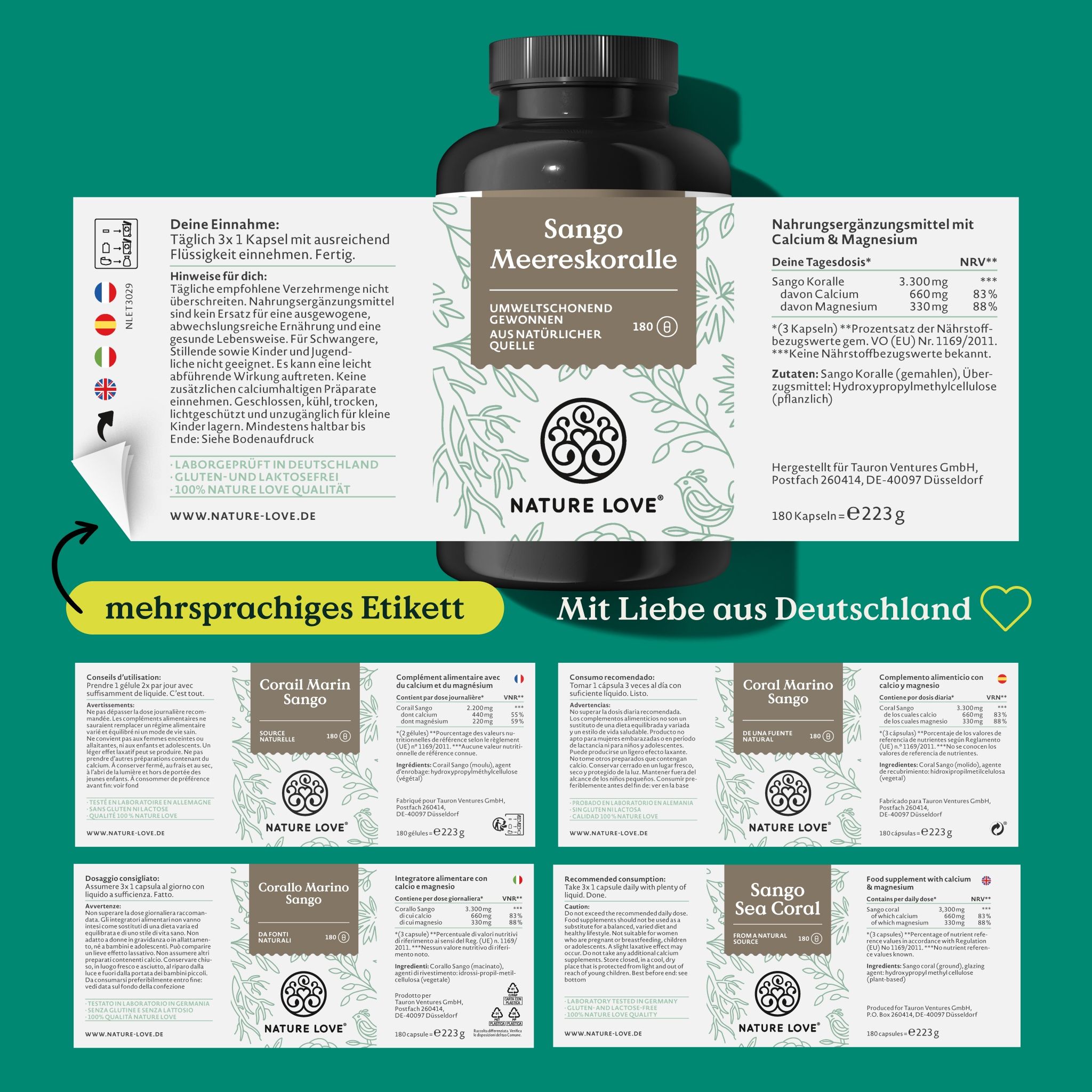 Confezione del prodotto con etichetta multilingue aperta. Etichette aggiuntive in diverse lingue.