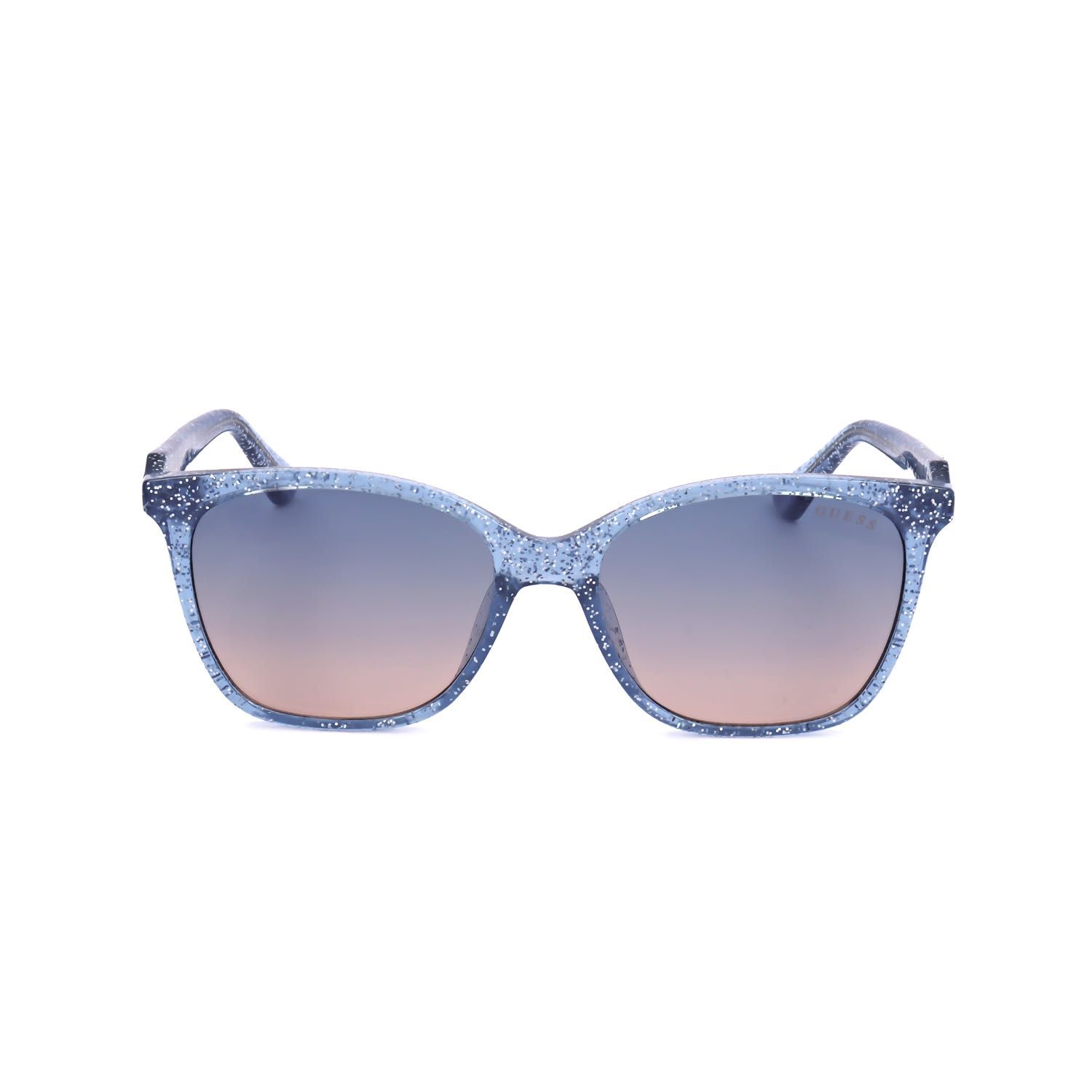 Occhiali da sole blu con montatura glitterata e lenti sfumate.