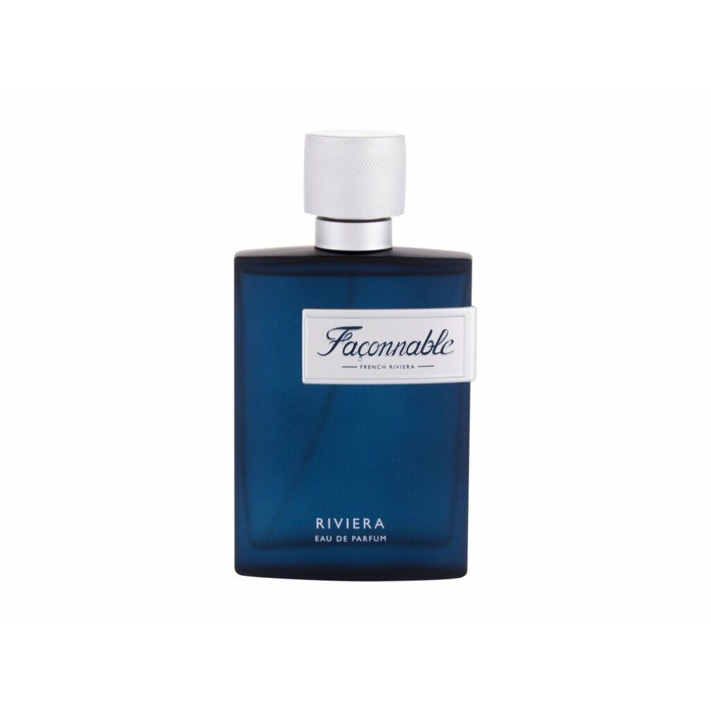 Flacone blu scuro con tappo argentato. Scritta: Façonnable Riviera Eau de Parfum.
