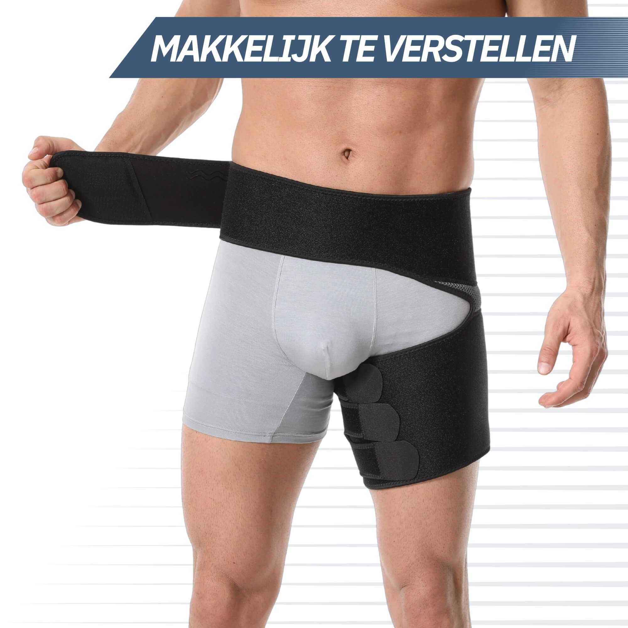 Fascia di supporto nera per anca e coscia con velcro e rete.