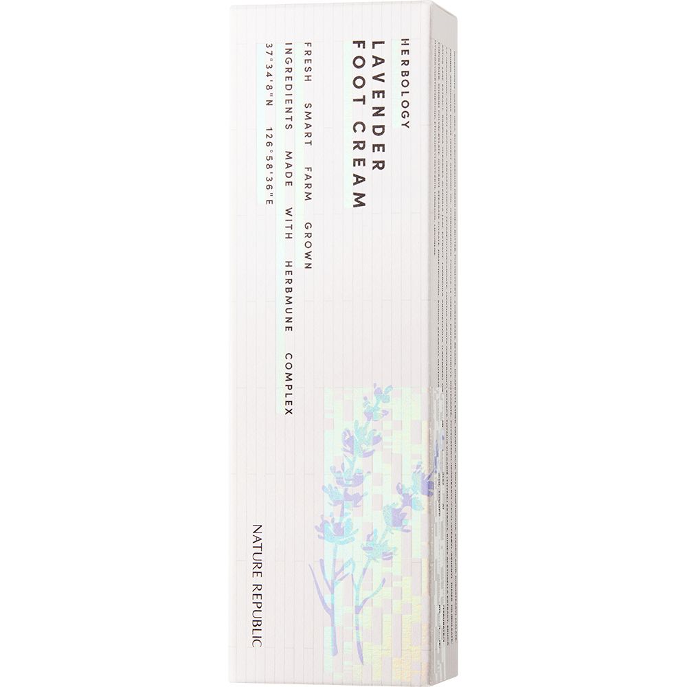 Confezione della crema per piedi. Testo: Herbology, Lavender Foot Cream, Fresh, Smart Farm, Grown Ingredients, Made with HerbMune Complex. Marchio: NATURE REPUBLIC.