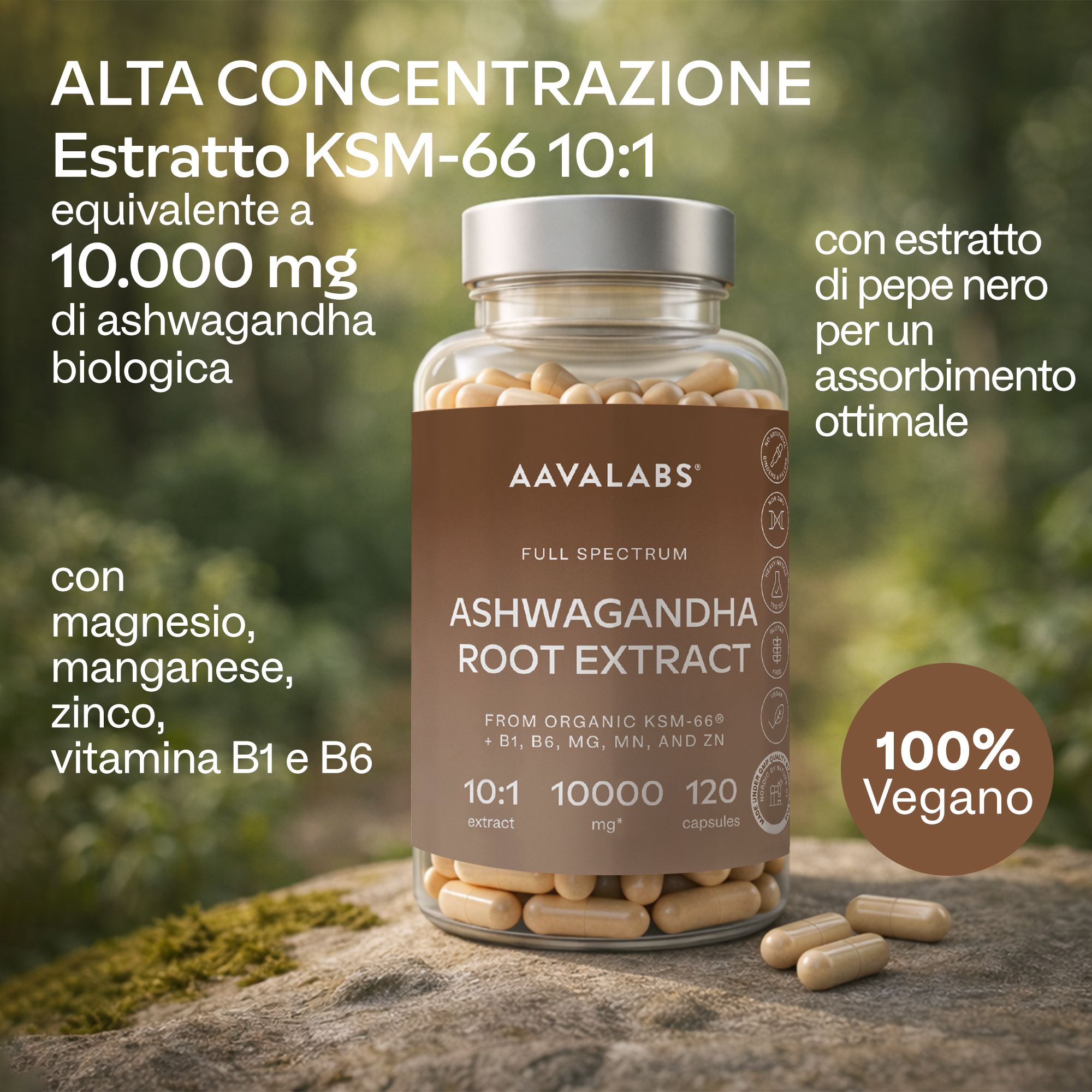 Bottiglia di vetro con capsule. Testo: Alta Concentrazione, Estratto KSM-66 10:1, 10.000 mg, vegano.