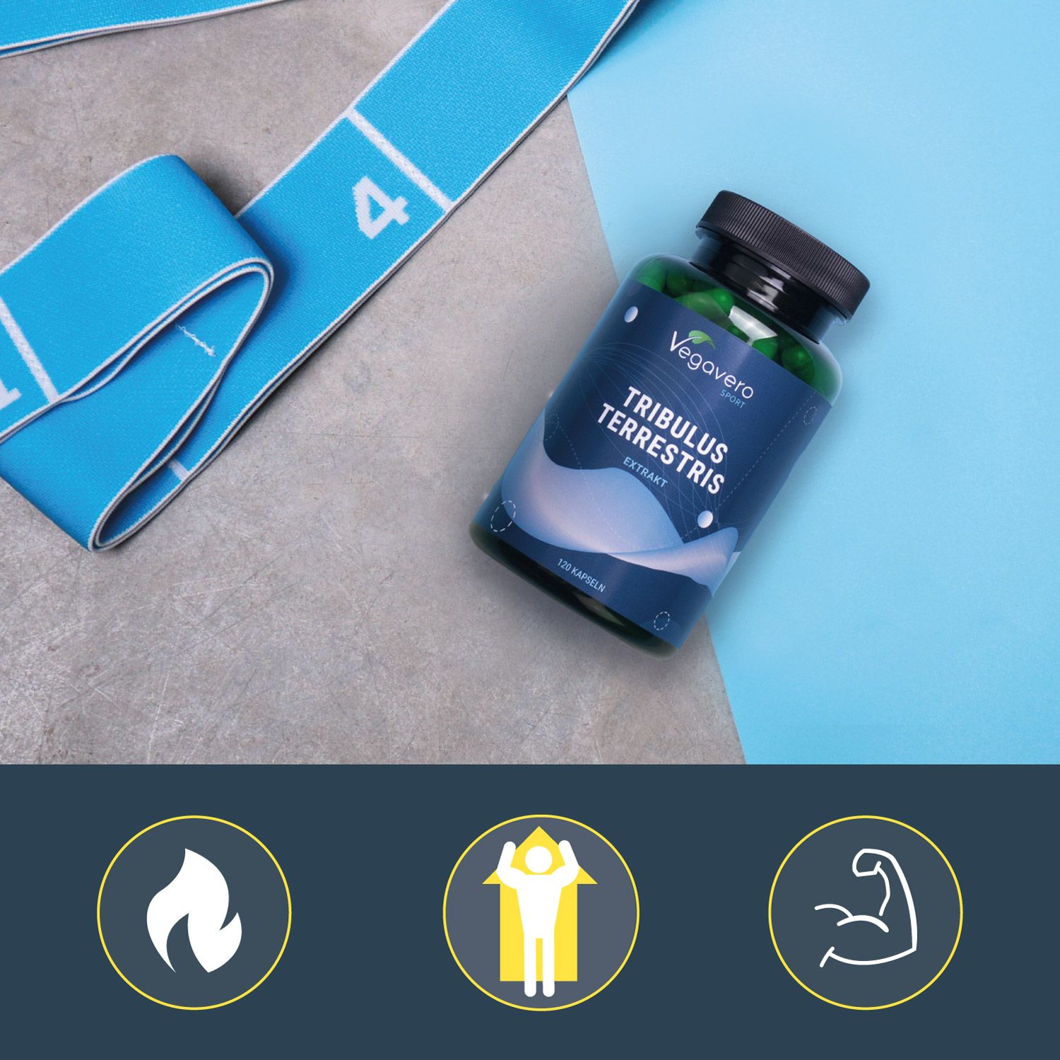 Flacone verde con tappo nero. Scritta: Tribulus Terrestris Extrakt, 120 capsule. Marchio: Vegavero. Bande fitness blu.