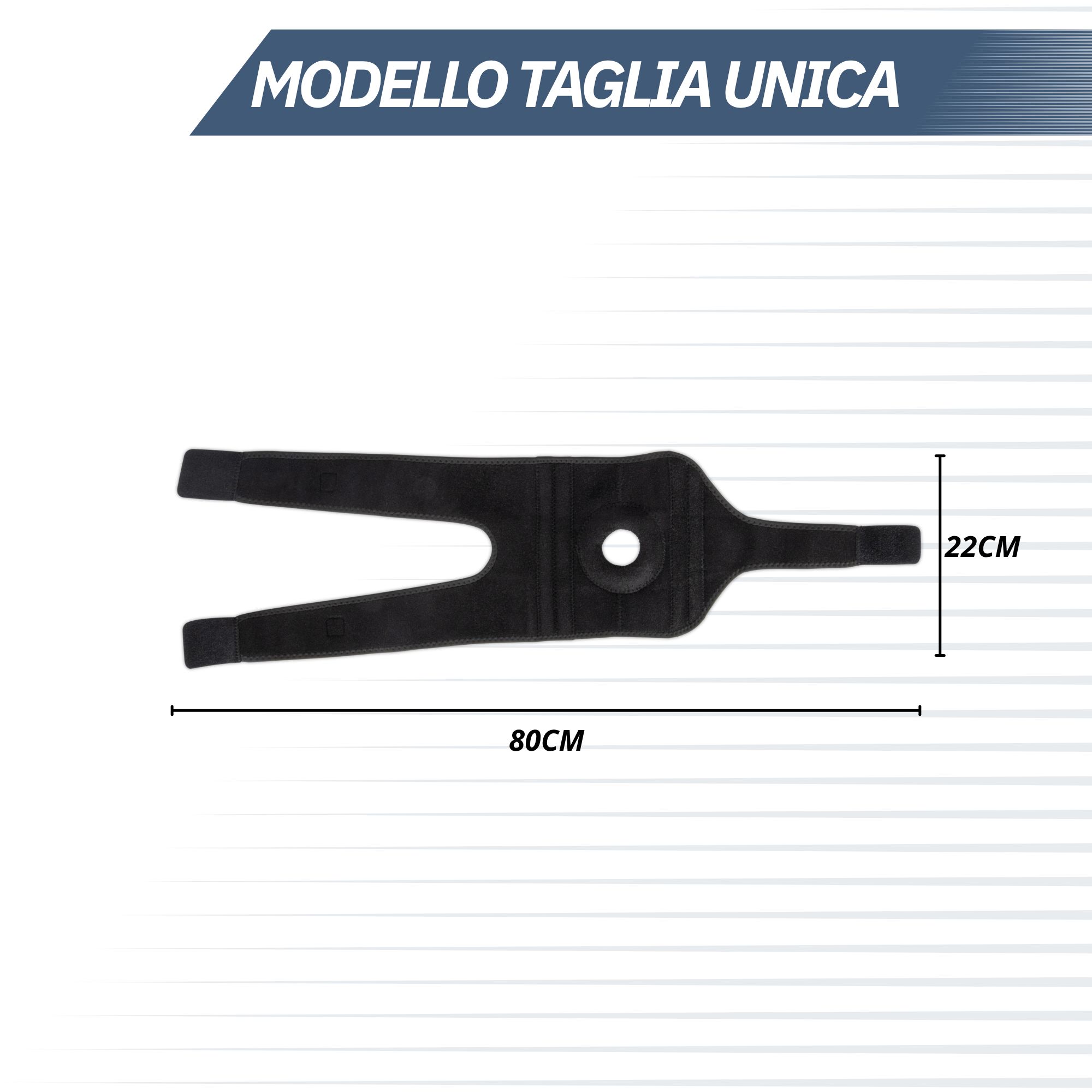 Ginocchiera nera con anello in silicone, quattro stecche, stabilità laterale e neoprene traspirante.