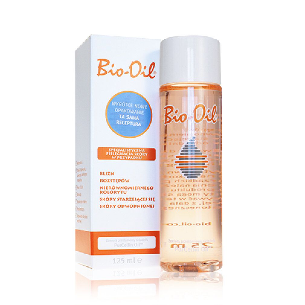 Bio-Oil. Flacone di liquido arancione con tappo bianco. Confezione con informazioni sul prodotto e scritta: 125 ml.