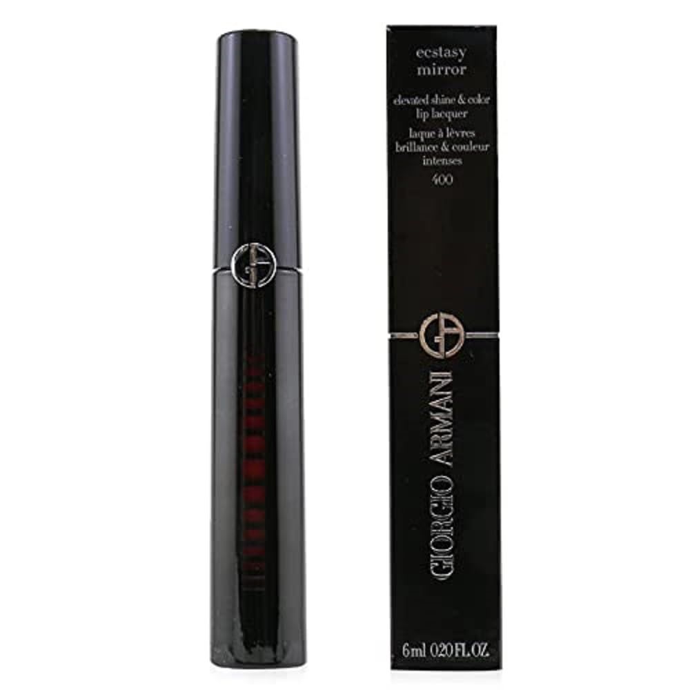 Giorgio Armani Ecstasy Mirror Lipgloss 400. Tubo e confezione neri. Prodotto e confezione affiancati.