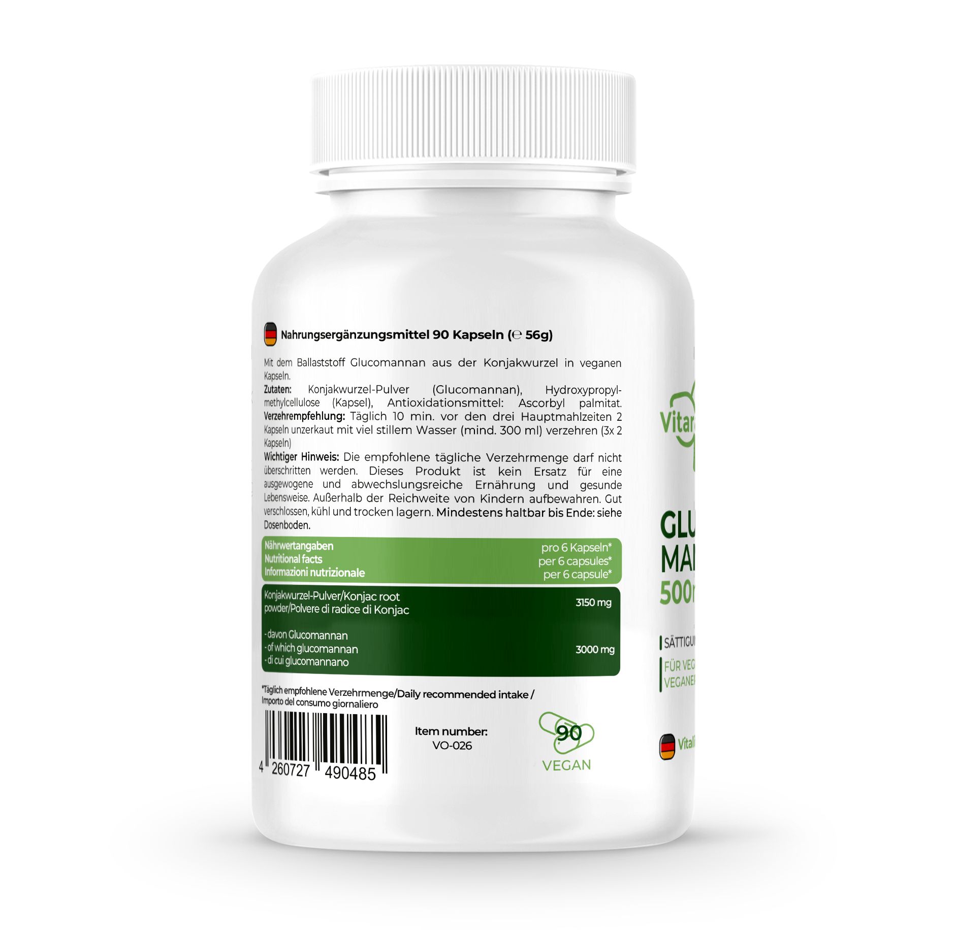 Retro del flacone bianco. Testo: Integratore alimentare. 90 capsule. Ingredienti, raccomandazioni per l'uso. Sigillo vegano. Codice a barre e numero di lotto.