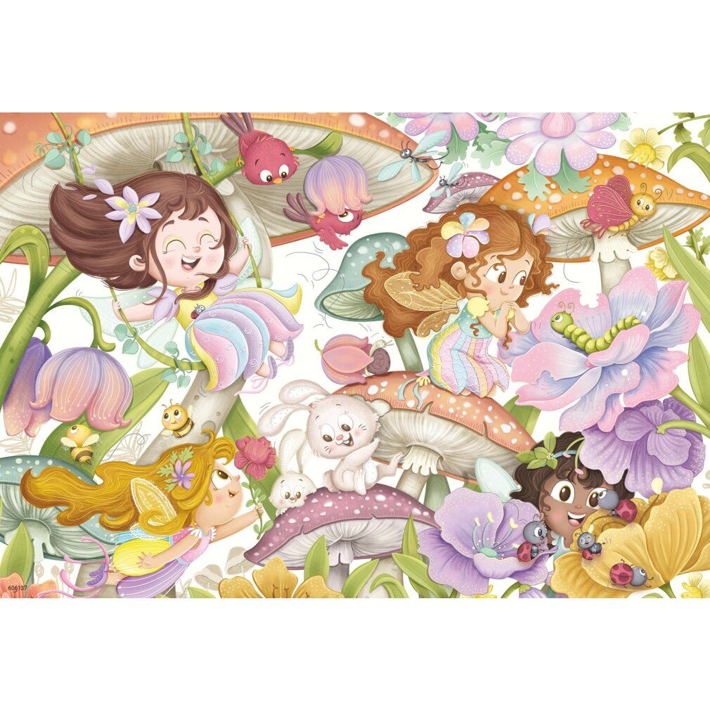 Puzzle per bambini con fate, fiori e funghi. Illustrazione colorata di fate, animali e piante. Rappresentazione dettagliata.